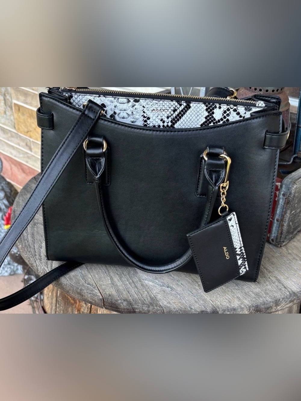 ALDO Vegan Black Tote Bag with Snake-Print Accent - Women Bags
